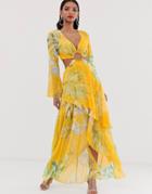 Asos Design Maxi Dress With Long Sleeve And Circle Trim Detail In Tropical Print - Multi