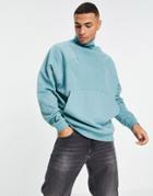 Asos Design Oversized Turtle Neck Sweatshirt With Rib Panel In Pastel Blue-green