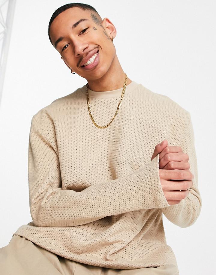 Asos Design Relaxed Long Sleeve T-shirt In Beige Textured Fabric-neutral