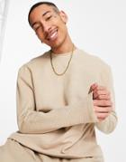Asos Design Relaxed Long Sleeve T-shirt In Beige Textured Fabric-neutral