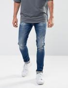 Asos Super Skinny Jeans In Dark Wash Blue With Abrasions - Blue