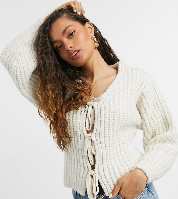 Asos Design Petite Cardigan With Tie Front Detail In Cream-white