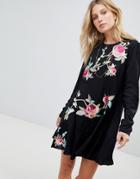 Asos Embroidered Mini Drop Waist Dress-black