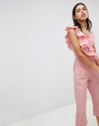 Lost Ink Jumpsuit With Frill Shoulder And Tie Waist - Pink