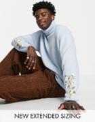 Asos Design Knitted Oversized Roll Neck Sweater With Sleeve Floral Embroidery-blues