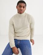 Asos Design Oversized Roll Neck Sweater With Diagonal Rib Texture In Ecru-cream