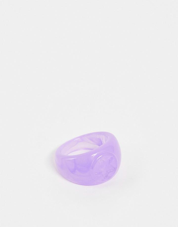 Asos Design Plastic Signet Ring With Star Design In Purple-pink