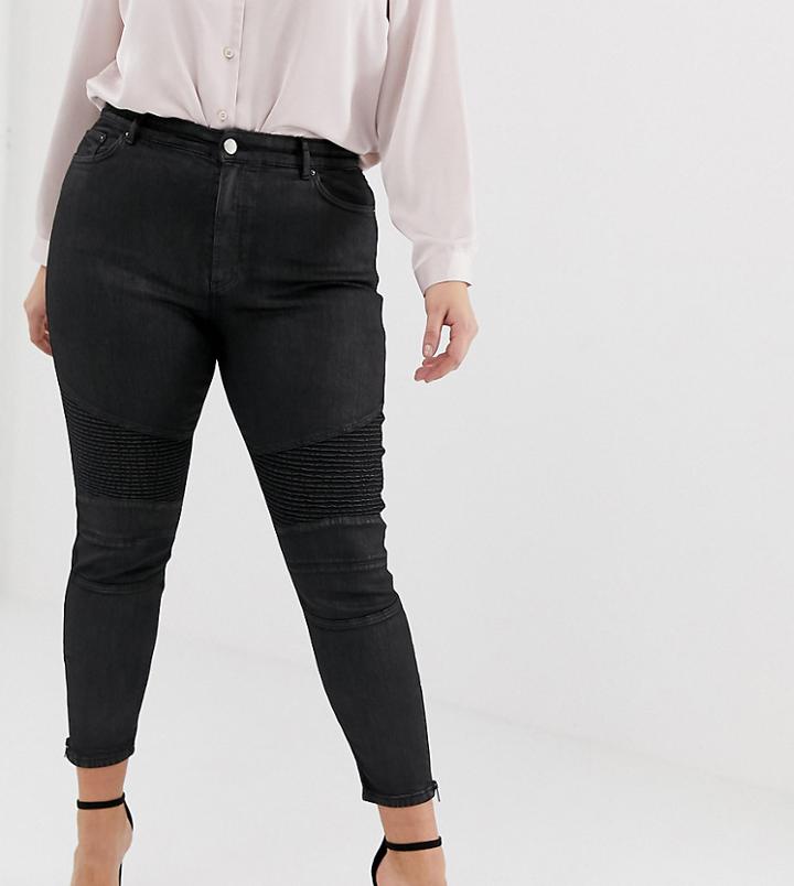 Asos Design Curve Ridley High Waisted Jeans In Black Coated With Biker Knee Detail - Black