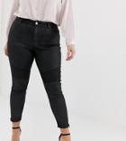 Asos Design Curve Ridley High Waisted Jeans In Black Coated With Biker Knee Detail - Black