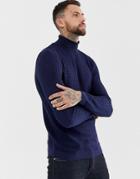 Asos Design Muscle Fit Cable Roll Neck Sweater In Navy - Navy