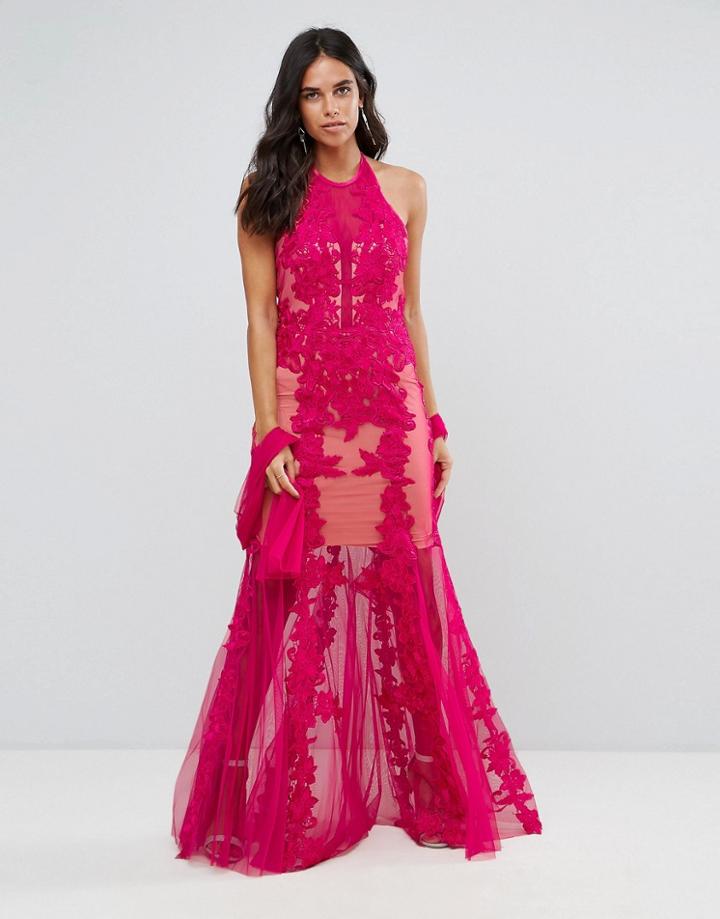Forever Unique Lace Halter Neck Maxi Dress - Pink