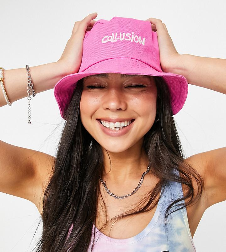 Collusion Embroidered Bucket Hat In Pink-orange