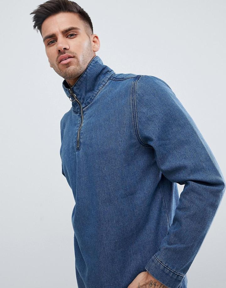 Boohooman Overhead Denim Jacket With Half Zip In Blue Wash - Blue