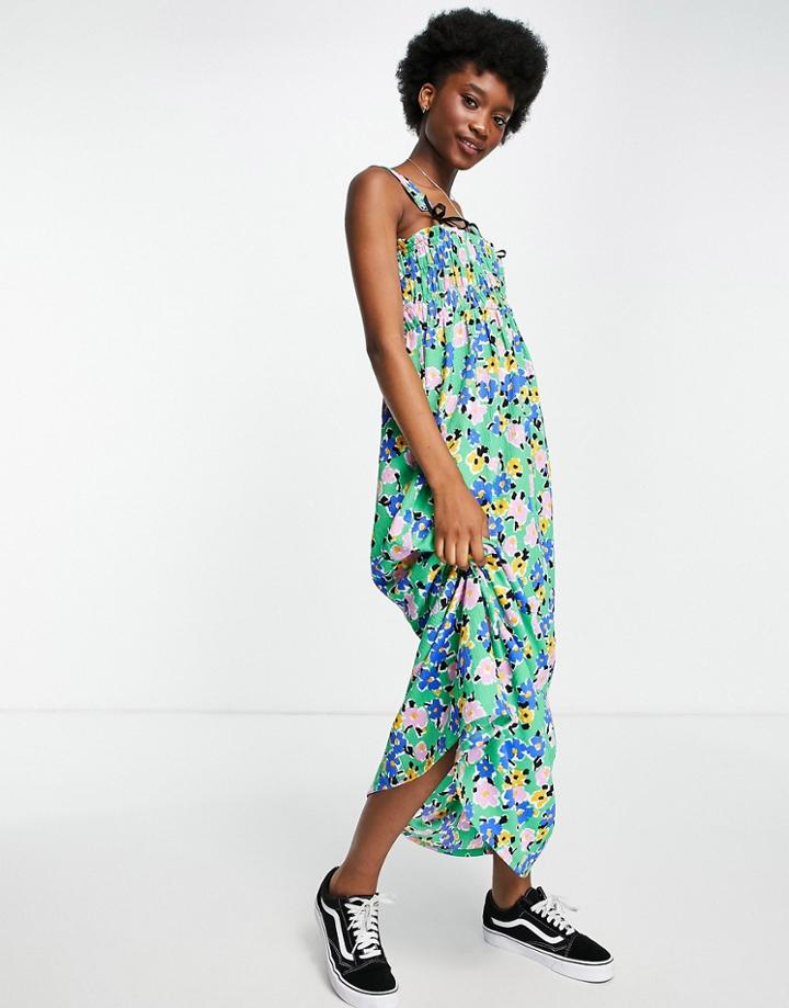 Asos Design Tie Strap Shirred Bust Maxi Dress In Blue Floral Print-multi