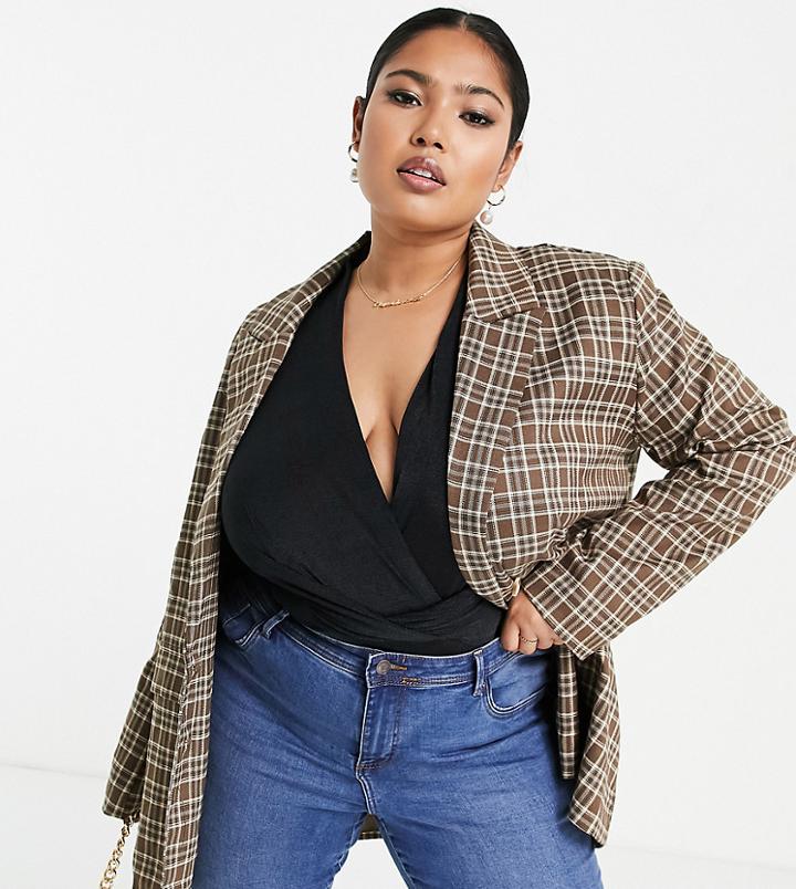 Urban Threads Plus Plaid Blazer - Part Of A Set-brown