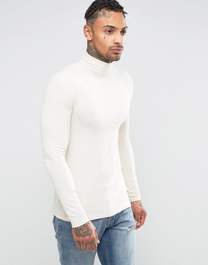 Asos Extreme Muscle Long Sleeve T-shirt With Roll Neck In Off White - Cream