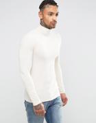 Asos Extreme Muscle Long Sleeve T-shirt With Roll Neck In Off White - Cream