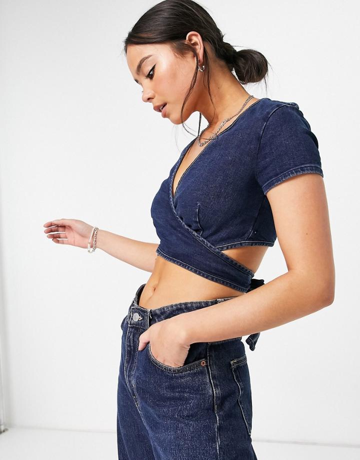 Topshop Denim Wrap Top In Indigo-blues