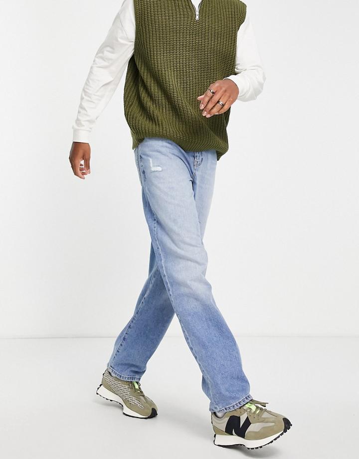 Asos Design Baggy Jeans In Less Thirsty Tinted Mid Wash With Abrasions-blues