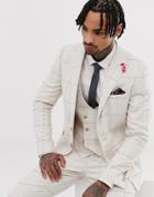 Gianni Feraud Wedding Skinny Fit Peak Lapel Linen Blend Check Suit Jacket - White