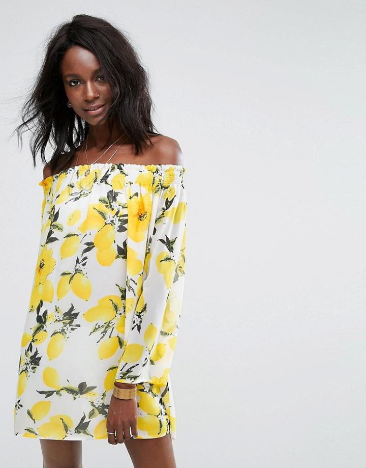 Prettylittlething Lemon Printed Bardot Shift Dress - Yellow