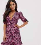 John Zack Petite Tea Dress With Buttons And Tie Sleeve Details In Pink Splodge Print-multi