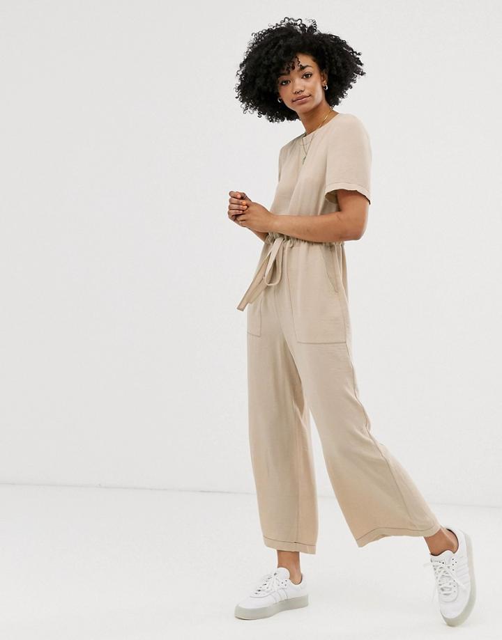 Asos Design Contrast Stitch T-shirt Jumpsuit - Beige