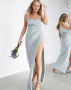 Asos Edition Satin Cami Maxi Dress With Drape Detail In Ice Blue-blues