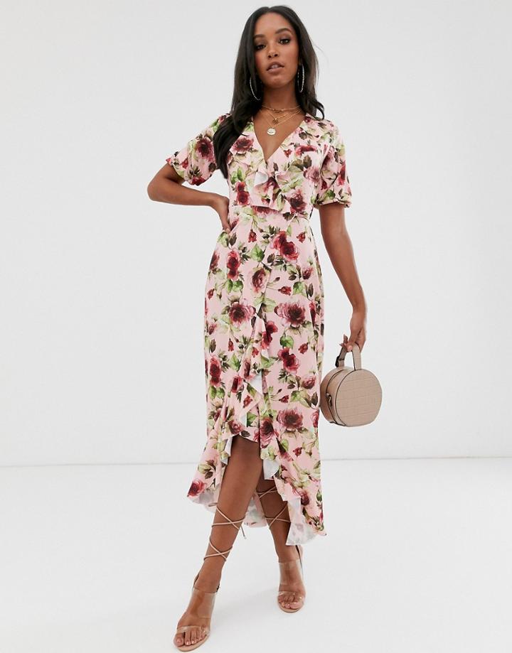 Asos Design Frill Wrap Maxi Dress In Floral Print-multi