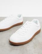 Asos Design Lace Up Sneakers In White Faux Leather With Gum Sole