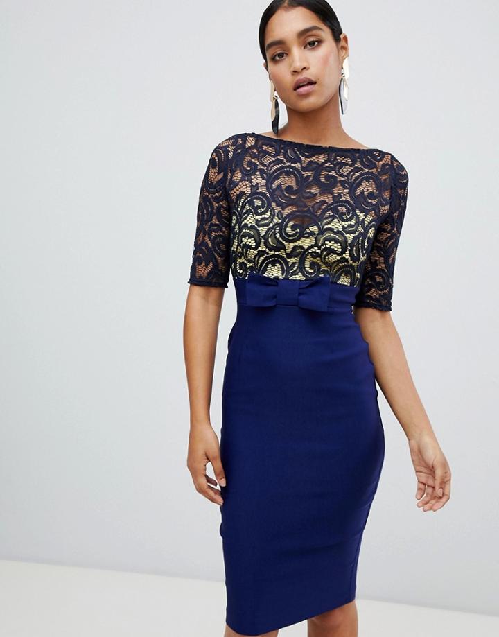 Vesper Lace Top 3/4 Sleeve Pencil Dress - Navy