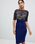 Vesper Lace Top 3/4 Sleeve Pencil Dress - Navy