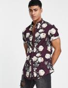 Asos Design Stretch Slim Shirt In Purple Floral Print