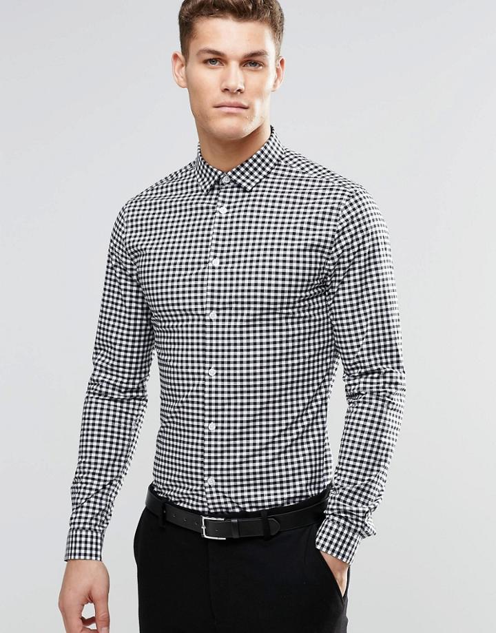 Asos Skinny Shirt In Black Gingham Check With Long Sleeves - Black