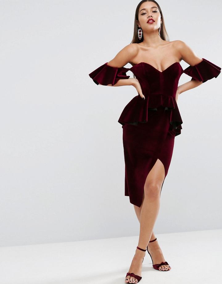 Asos Red Carpet Ruffle Sleeve Velvet Midi Dress - Red