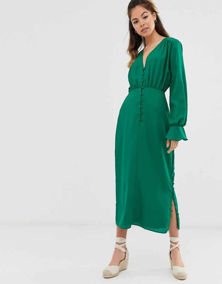 Asos Design Button Through Midi Tea Dress With Fluted Cuff-green