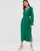 Asos Design Button Through Midi Tea Dress With Fluted Cuff-green