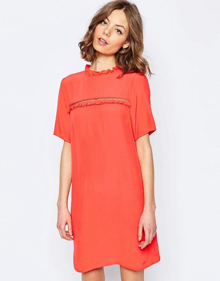 Asos Shift Dress With Frill Detail - Orange