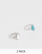 Asos Design Pack Of 2 Rings With Semi-precious Style Stones And Engraved Detail In Silver Tone