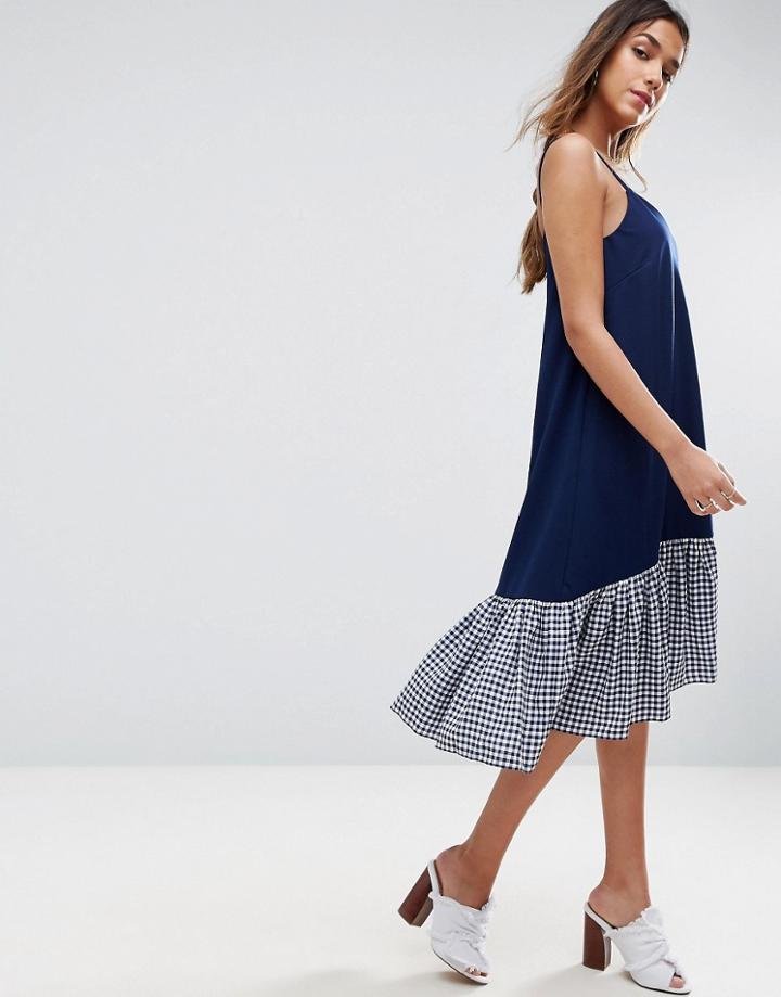 Asos Cami Midi Dress With Dropped Hem In Gingham - Multi