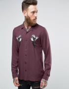 Asos Regular Fit Viscose Shirt With Revere Collar And Bird Embroidery - Purple