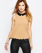 Daisy Street Top With Scalloped Hem And Collar - Beige