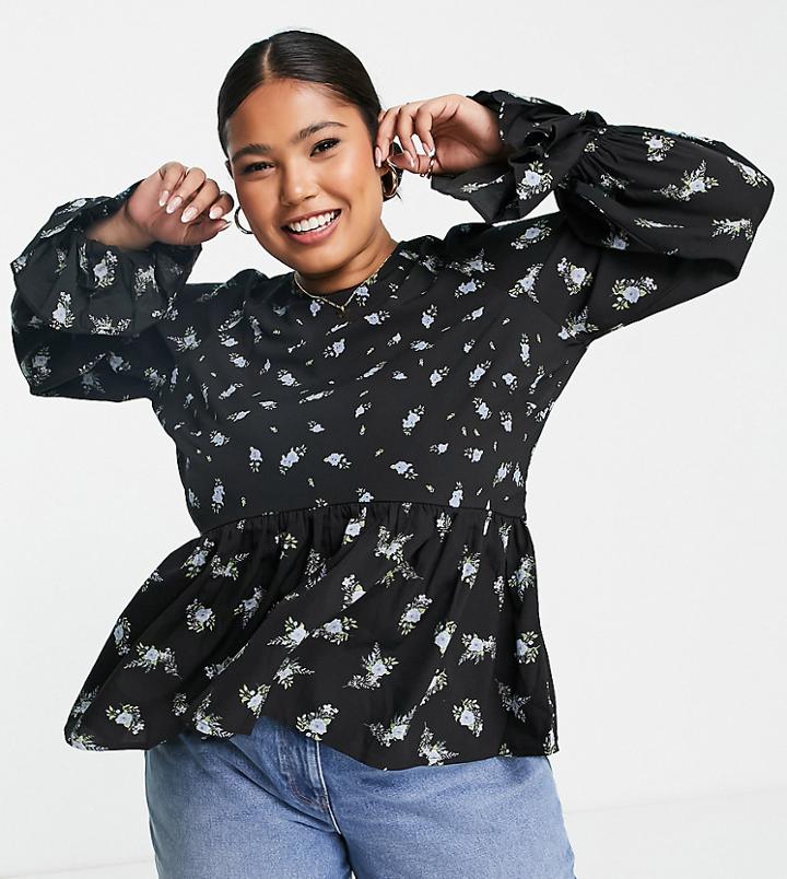 Simply Be Long Sleeve Smock Top With Frill Cuff Detail In Black Floral