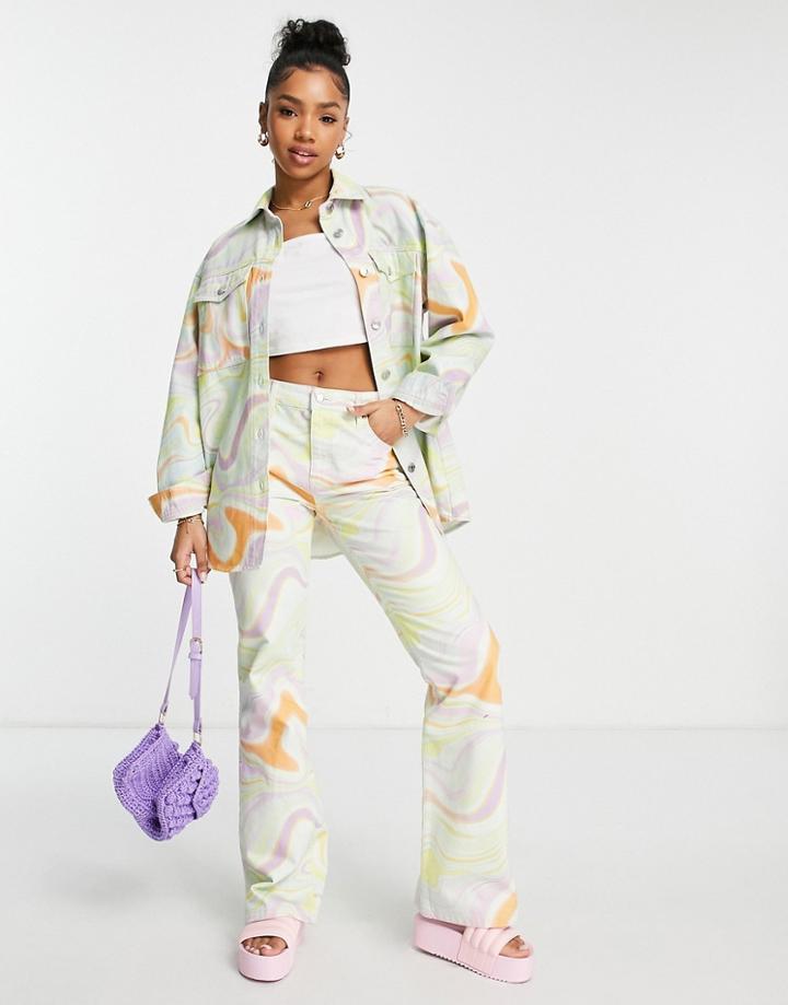 Asos Design Flare Jean In Pastel Swirl Print - Multi - Multi - Part Of A Set