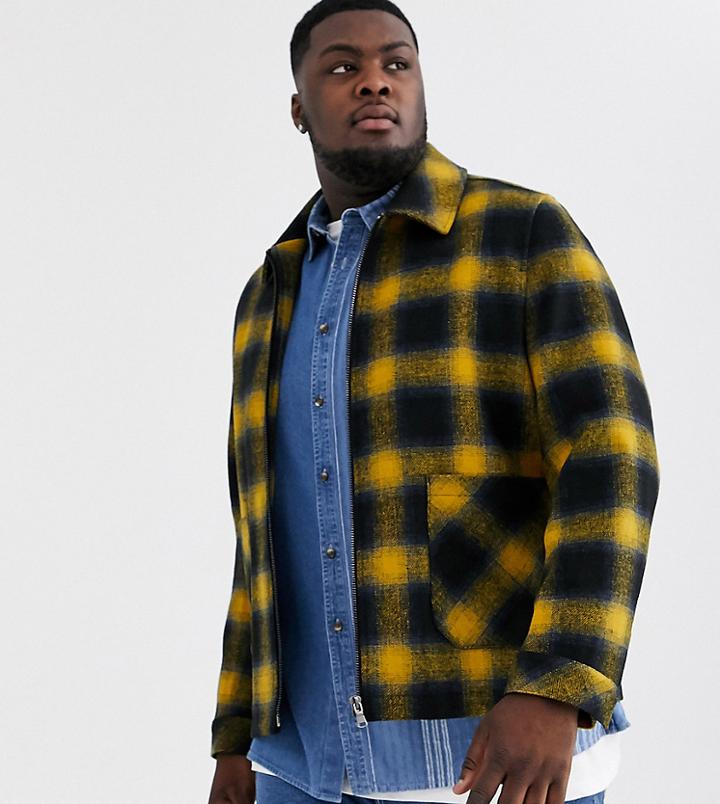 Asos Design Plus Wool Mix Zip Through Jacket In Yellow And Blue Check