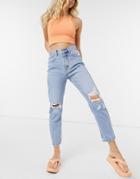 Pull & Bear Mom Jeans With Rips In Light Blue