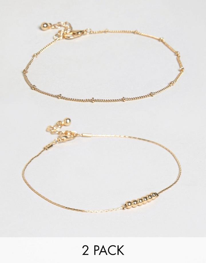Asos Pack Of 2 Fine Ball Charm Anklets - Gold