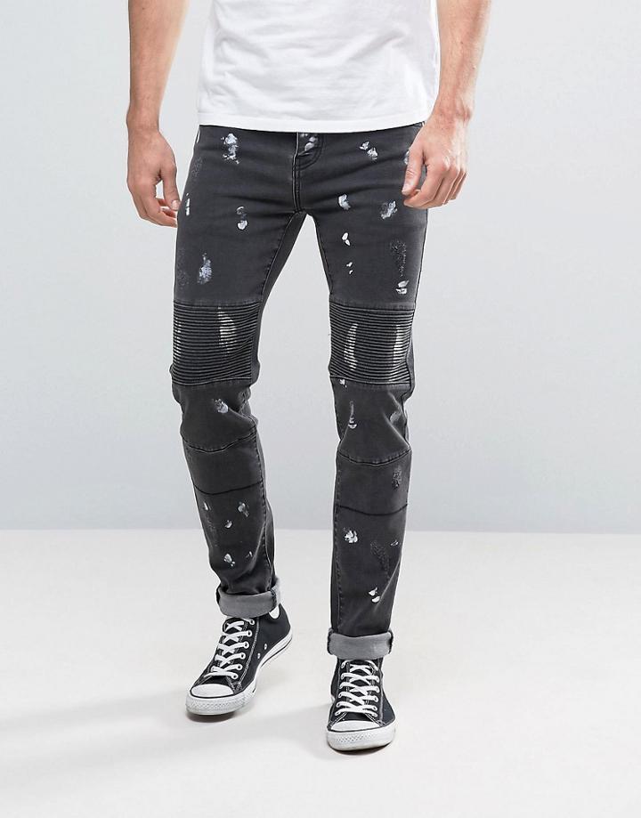 Sixth June Skinny Biker Jeans With Paint Splat - Black