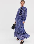 Vila Floral Maxi Dress With Contrast Trim - Blue