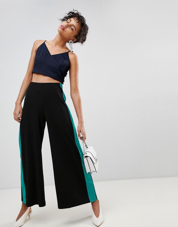 Asos Design Wide Leg Pants With Contrast Side Stripe - Black